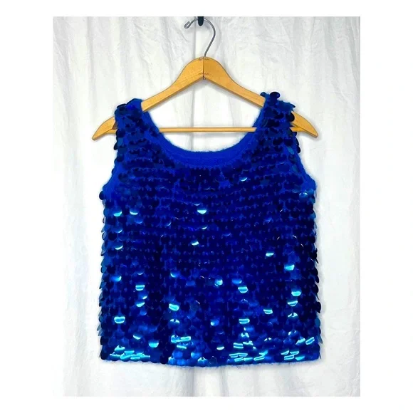 VTG Giant Sequined Sparkly Cobalt Blue Wool Knit Tank - Picture 2 of 4